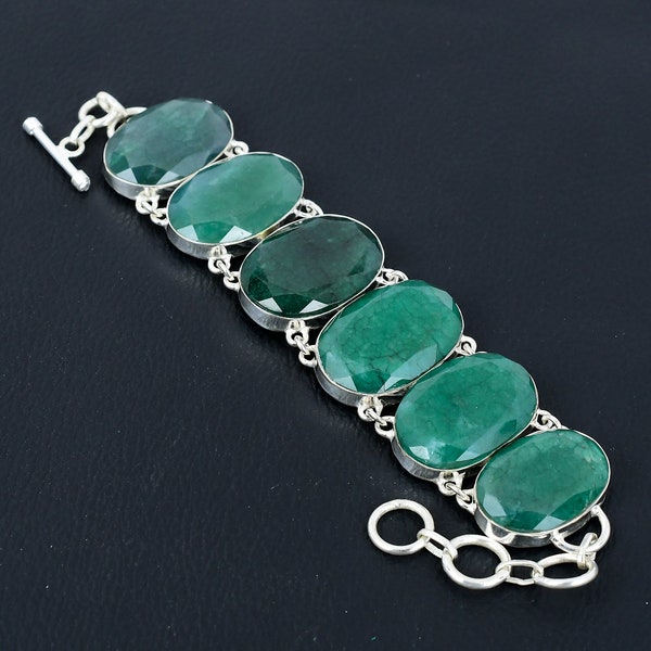 Pulsera de esmeralda de Zambia facetada Pulsera de piedras preciosas hecha a mano Pulsera de plata de ley 925 Pulsera de cadena ajustable Joyería de diseñador para regalo