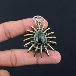 Handmade Seraphinite Pear Pendant: Sterling Silver 18K Gold Plated Cage