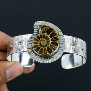 Bracciale fossile di ammonite Gioielli fatti a mano Bracciale in pietra preziosa genuina Bracciale in argento sterling 925 Bracciale regolabile Regali di anniversario