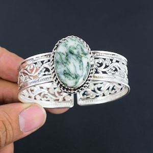 Brazalete de ágata de árbol, brazalete de plata de ley 925, brazalete ajustable, hecho a mano, joyería de piedras preciosas genuinas, brazalete de diseño, regalos para él