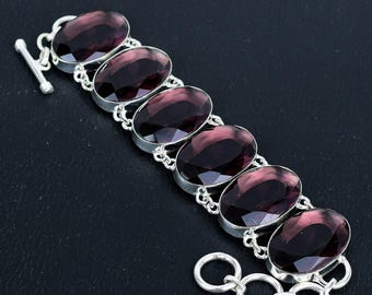 Faceted Pink Amethyst Bracelet: Handmade 925 Sterling Silver Adjustable Boho Jewelry