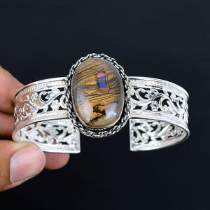 Ethopian opal in boulder opal gemstone cuff bracelet 925 sterling silver bangle adjustable cuff handmade bangle silver jewelry gifts for him