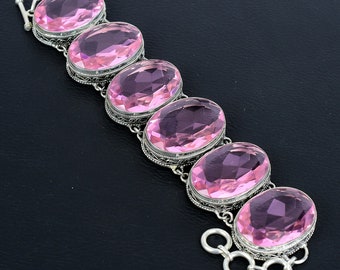 Pulseira de Kunzita Rosa Facetada: Joia Vintage Ajustável em Prata de Lei 925 com Pedras Preciosas