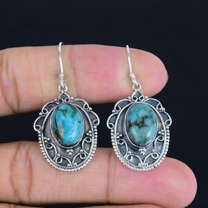 Tibetan Turquoise Earrings: Handmade 925 Sterling Silver Vintage Drop Earrings