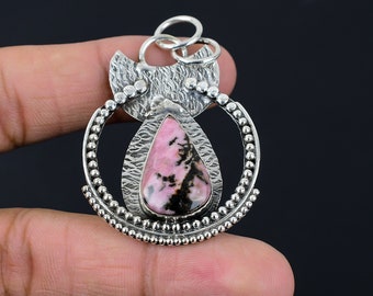 Rhodonietpeerhanger, handgemaakte 925 sterlingzilveren sieraden