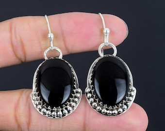 Handmade Black Onyx Earrings: 925 Sterling Silver Drop Earrings