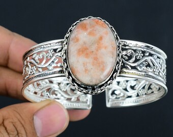 Handmade Sunstone Cuff Bracelet: Adjustable Sterling Silver Bangle