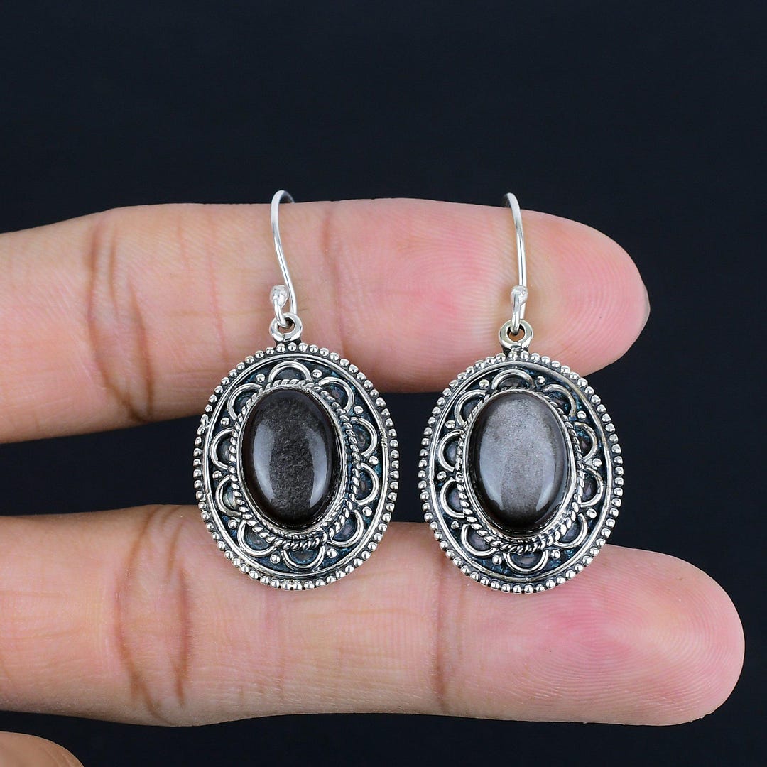 Boucles D'oreilles Vintage En Argent Sterling Et Obsidienne - Style Pendantes - Fermoir Poussoir (non D'origine) - Occasion