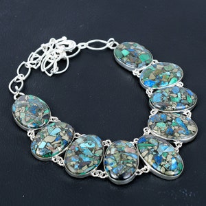 Copper Azurite Malachite Gemstone Necklace, 925 Sterling Silver, Handmade