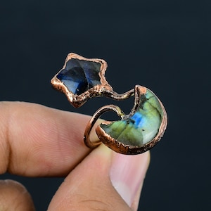 Labradorite Ring Electroformed Copper Adjustable Ring Handmade Real Gemstone Ring Copper Jewelry Anniversary Gifts Crescent Moon & Star Ring