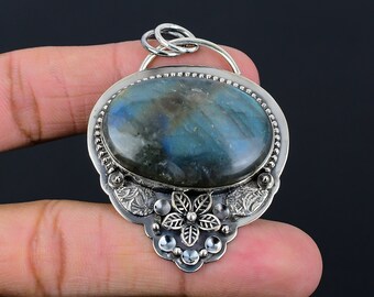 Handmade Labradorite Pendant: Sterling Silver Flower Jewelry