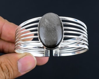 Silver Sheen Obsidian Bangle: Handmade 925 Sterling Silver Cuff