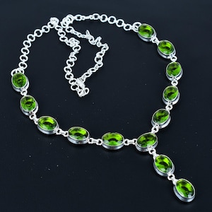 Faceted Peridot Necklace: Handmade 925 Sterling Silver, Adjustable Chain