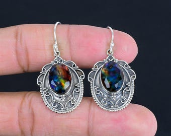 Brincos de Ammolite Facetada: Joia Boho Vintage em Prata de Lei 925