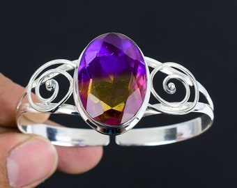 Handmade Faceted Ametrine Bangle: Adjustable Sterling Silver Cuff
