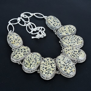Dalmatian Jasper Necklace Vintage Jewelry Genuine Gemstone Necklace 925 Sterling Silver Adjustable Chain Necklace Handmade Jewelry For Gifts