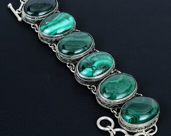Handmade Vintage Malachite Bracelet: 925 Sterling Silver Adjustable Chain