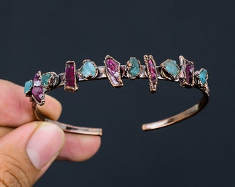 Handmade Copper Cuff Bracelet: Aquamarine & Pink Tourmaline Gemstone Bangle