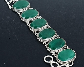 Armband med fasetterat zambiskt smaragd: Handgjort 925 sterlingsilver, justerbart