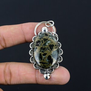 Handmade Seraphinite Gemstone Pendant: 925 Sterling Silver, Copper Accent
