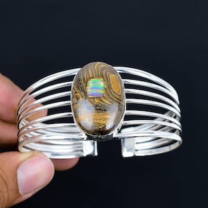 Ethopian opal in boulder opal cuff bracelet 925 sterling silver bangle gemstone adjustable cuff bracelet handmade boho jewelry wedding gifts