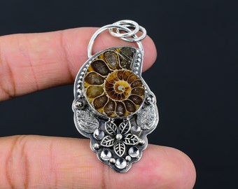 Ammonite Fossil Pendant: Handmade 925 Sterling Silver Flower Jewelry