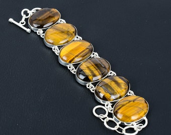 Handmade Tiger's Eye Bracelet: 925 Sterling Silver Adjustable Chain