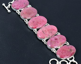 Pulsera de rodonita hecha a mano en plata de ley: joyería con piedras preciosas ajustables