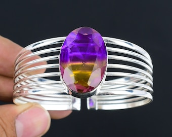 Handmade Faceted Ametrine Bangle: 925 Sterling Silver Adjustable Cuff