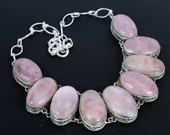 Collana in argento sterling 925 con quarzo rosa fatta a mano - Stile vintage