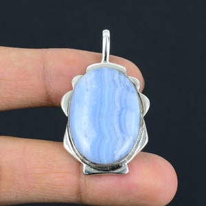 Blue Lace Agate 925 Sterling Silver Pendant - Handmade Gemstone Jewelry