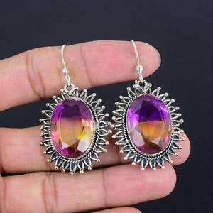 Faceted Ametrine Earrings: Handmade 925 Sterling Silver Drop Jewelry
