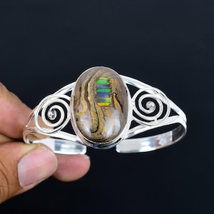 Ethopian opal in boulder opal cuff bracelet 925 sterling silver bangle adjustable cuff bracelet handmade jewelry gemstone bracelet for gifts