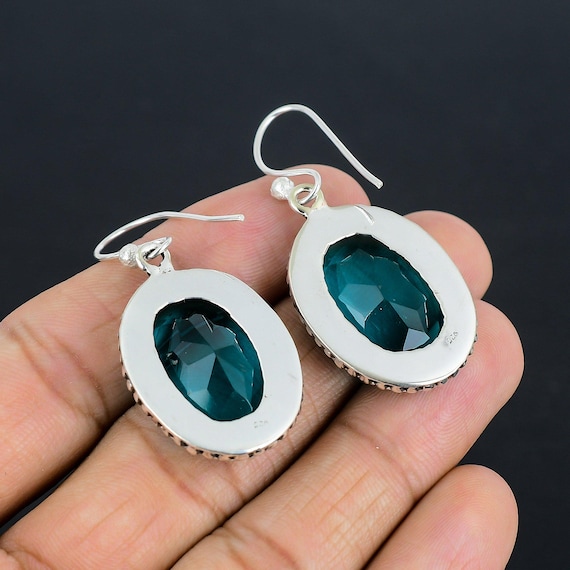 Boucles D'Oreilles Argent 925 Plaqué - Étoile Avec Cristal Bleu Turquoise à Facettes - Neuf Avec Étiquettes