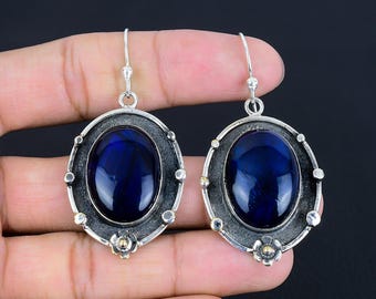Blue Fire Labradorite Earrings: Handmade 925 Sterling Silver Antique Jewelry