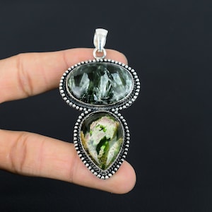 Handmade Seraphinite & Chrome Chalcedony 925 Sterling Silver Pendant