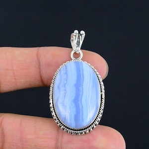 Colgante de ágata de encaje azul, colgante de piedra preciosa original, colgante de plata de ley 925, joyería antigua, colgante hecho a mano, colgante de piedra de nacimiento para regalos