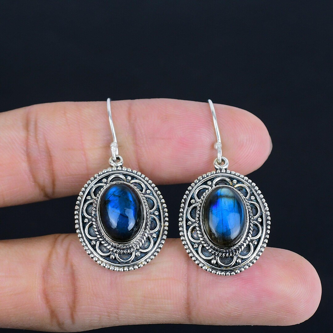 Orecchini in argento sterling 925 con labradorite fatti a mano: gioielli vintage con pietre preziose - Italia