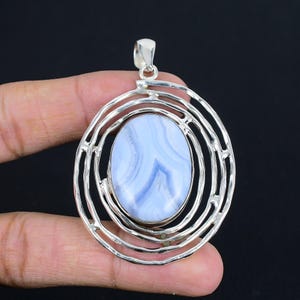 Blue Lace Agate 925 Sterling Silver Pendant - Handmade Silver Jewelry