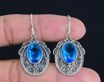 Faceted Swiss Blue Topaz Earrings: Handmade 925 Sterling Silver Vintage Jewelry