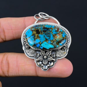 Chrysocolla Flower Pendant: Handmade 925 Sterling Silver Gemstone Jewelry