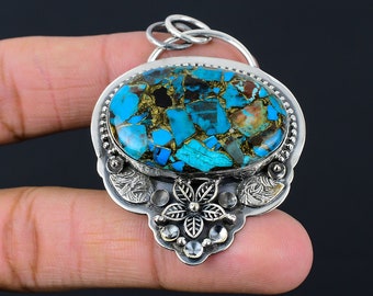 Chrysocolla Flower Pendant: Handmade 925 Sterling Silver Gemstone Jewelry