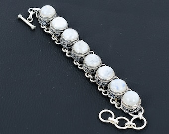 Rainbow Moonstone Bracelet: Vintage 925 Sterling Silver Adjustable Chain