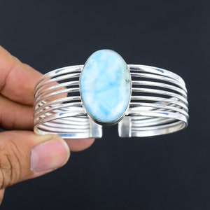 Larimar Gemstone Cuff Bracelet: Handmade 925 Sterling Silver Adjustable Bangle