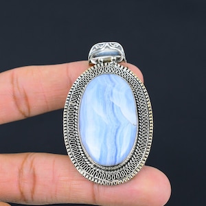 Handmade Blue Lace Agate Pendant: Vintage 925 Sterling Silver