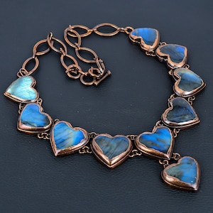 Electroformed Copper Labradorite Heart Necklace - Adjustable Gemstone Pendant
