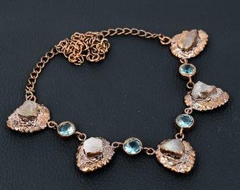 Electroformed Copper Necklace: Rose Quartz & Swiss Blue Topaz, Adjustable Chain