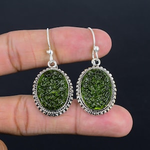 Handmade Oval Moldavite Earrings: 925 Sterling Silver Anniversary Jewelry