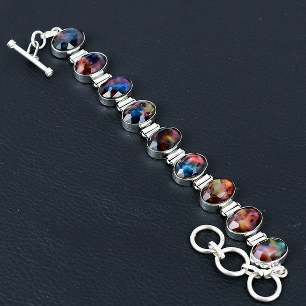 Faceted Ammolite Bracelet 925 Sterling Silver Bracelet Real Gemstone Bracelet Adjustable Chain Bracelet Handmade Dainty Jewelry Gift For Mom