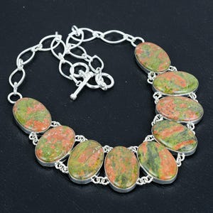 Handmade Oval Unakite Necklace: 925 Sterling Silver Adjustable Chain